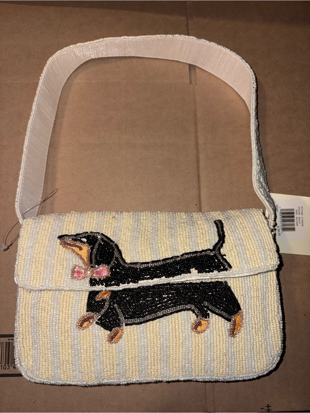 Beaded Dachshund Shoulder Bag - Cream and Black